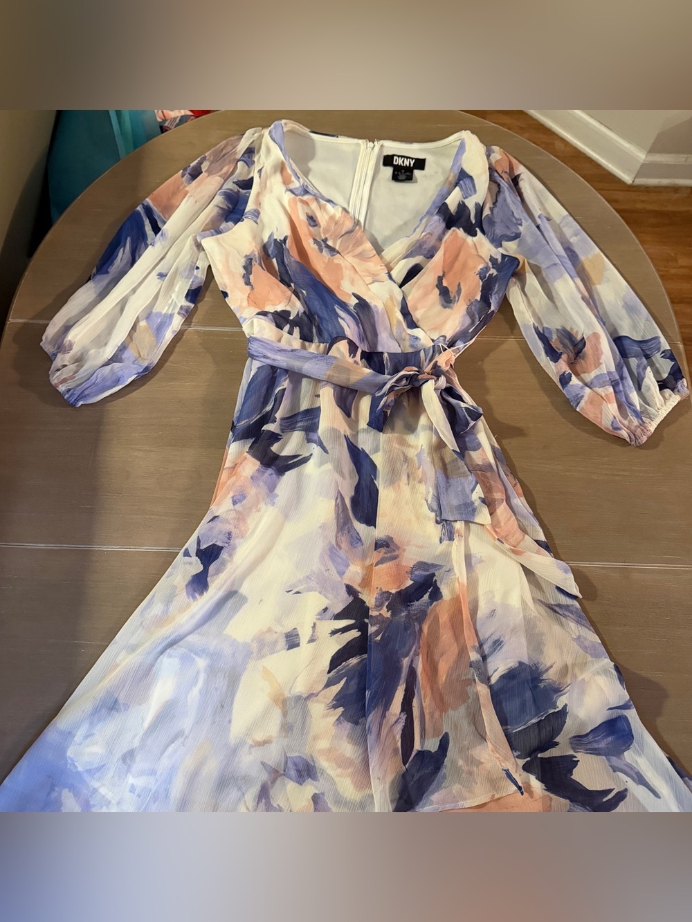 DKNY Lavender & Peach Floral Wrap Midi Dress